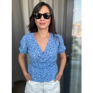 Ferqane Xalilova Mavi Kruvaze Çiçekli Bluz