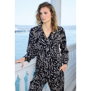 Kadın Önden Düğmeli Gömlek Yaka Pamuk Saten Göğüs Cepli Uzun Kol Pijama Takımı