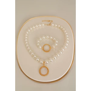 Minimalist Tasarım Yarım Altın Uyumlu Set, Incili Yarım Altın Kolye, Yarım Altın Çerçevesi, Yarım Altın Uyumlu Bileklik, Yarım Altın Takılan Bileklik ve Kolyei Inci Set