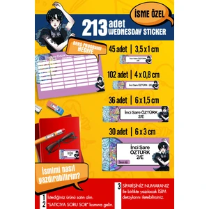 Selis Craft Okul Etiketi Wednesday Temalı Özel Isim Yazılabilen Kalem, Defter, Boya, Kitap Etiketi - 213 Adet