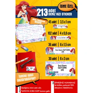 Selis Craft Okul Etiketi Mermaıd Deniz Kızı Temalı Özel Isim Yazılabilen Kalem, Defter, Boya, Kitap Etiketi - 213 Adet