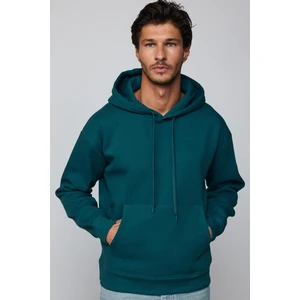 Oversize Pamuk Kapüşonlu Basıc Petrol Rengi Unisex Sweatshirt