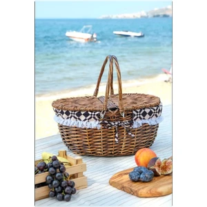 Marilena - Hasır Kapaklı Kulplu Naturel Piknik Sepeti - LW23-323