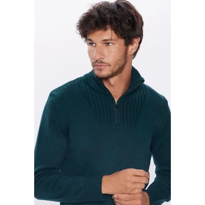 Erkek Slim Fit Dar Kesim Armürlü Fermuarlı Yeşil Dik Yaka Kazak