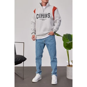 Chpions Yakası Fermuarlı Gri Sweatshirt