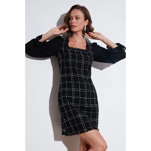 Regular Fit Kare Yaka Balon Şifon Kollu Mini Elbise Kadın Elbise 611EL0532