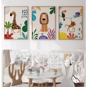 Nn Decor Maymun, Tukan, Aslan ve Zürafa 3'lü Set - Doğal Ahşap Çerçeveli, Bebek ve Çocuk Odası Tablo Seti