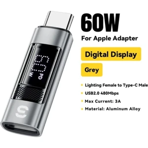 Type-C To İphone Lightning 60W Hızlı Adaptör Çevirici CE/FC/ROHS Lisanslı Dijital Göstergeli Son Nesil Teknoloji