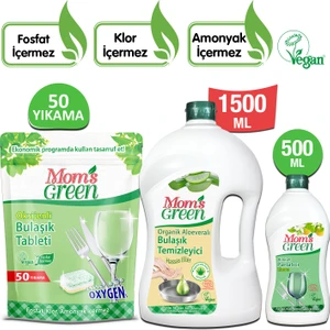Mom's Green 3'lü Set-50'li Bulaşık Makinesi Tableti - 1500 ml Aloeveralı Elde Bulaşık Temizleyici- Bulaşık Parlatıcısı