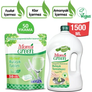 Mom's Green 2'li Set - 50'li Bulaşık Makinesi Tableti ve 1500 ml Organik Aloeveralı Bulaşık Temizleyici