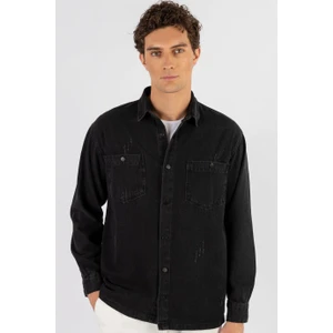 Relax Fit Rahat Kalıp Uzun Kol  Eskitmeli Siyah Denim Erkek Gömlek
