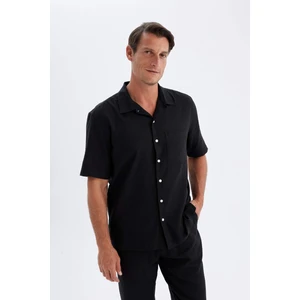 Relax Fit Yazlık Polo Yaka Keten Karışımlı Kısa Kollu Siyah Gömlek C1110AX24SM