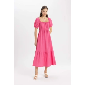 Kare Yaka Basic Düz Bürümcük Kısa Kollu Midi Pembe Elbise A6201AX24SM