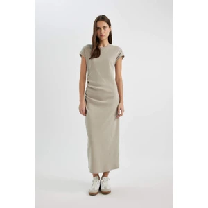 Bodycon Yuvarlak Yaka Basic Düz Fitilli Kaşkorse Kısa Kollu Maxi Elbise C2470AX24SP