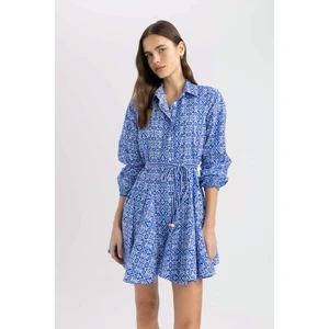 Gömlek Yaka Desenli Uzun Kollu Poplin Mini Elbise Z7469AZ24SP