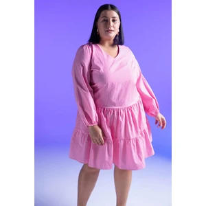 DF Plus A Kesim V Yaka Çizgili Mini Kısa Kollu Elbise Y7999AZ22SM