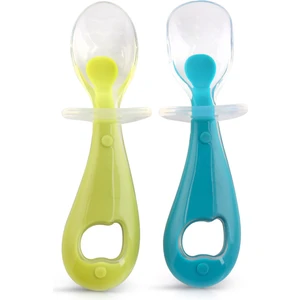 Silikon Bebek Mama Kaşık Seti, Diş Kaşıyıcı, 2 Li Set, Mavi Yeşil