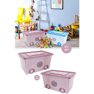 Trendy Tekerlekli Oyuncak Kutusu 60 Litre Pembe Ikili Set