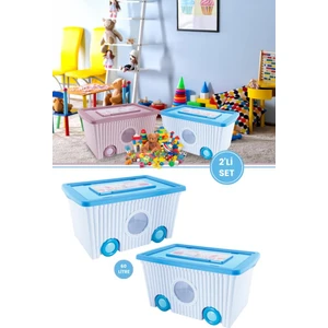 Trendy Tekerlekli Oyuncak Kutusu 60 Litre Mavi Ikili Set