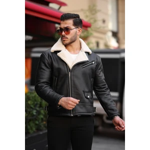 Mero Life Erkek Napa Deri Çapraz Fermuarlı Içi Full Kürklü Yüksek Kalite Slim Fit Siyah-Krem Mont & Ceket