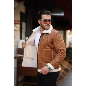 Mero Life Erkek Napa Deri Içi Full Kürklü Yüksek Kalite Slim Fit Taba Mont & Ceket
