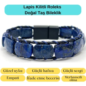 Yıldız Doğal Taş Sertifikalı Lapis Lazuli Kilit Kapama Roleks Doğal Taş Deri Bileklik