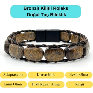 Yıldız Doğal Taş Sertifikalı Bronzit Kilit Kapama Roleks Doğal Taş Deri Bileklik
