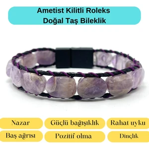 Yıldız Doğal Taş Sertifikalı Ametist Kilit Kapama Roleks Doğal Taş Deri Bileklik