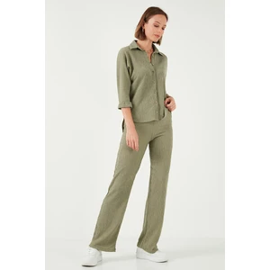 Slim Fit Yüksek Bel Geniş Paça Dokulu Pantolon Bayan Pantolon 5865944