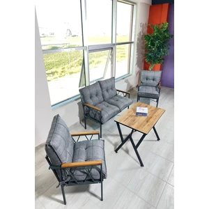 UFUK HOME Miray 211 Masalı Gri Fermuarlı Bahçe Balkon Takımı, Salon, Teras- Berjer Düğmeli Metal Çay Seti