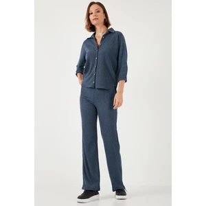 Slim Fit Yüksek Bel Geniş Paça Dokulu Pantolon Bayan Pantolon 5865944