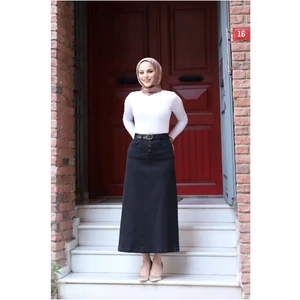 Doğal Kumaşlı Kemerli Kot Etek- Siyah