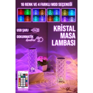 Rkm Store Kristal Elmas Masa Lambası 16 Renk Kumandalı USB Şarjlı Dokunmatik