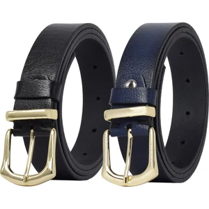 Deri Gold Tokalı Metal Köprülü 2'li Set Siyah Lacivert Kadın Kemeri 3 Cm=2likd-42-Gtk