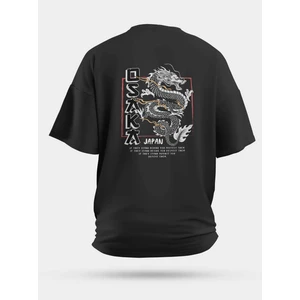 Oversize Osaka Japon Ejderha Baskılı Unisex Tişört Siyah