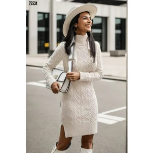 Saç Örgü Desenli Yırtmaç Detaylı Balıkçı Yaka Triko Elbise