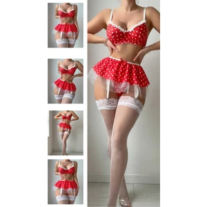 Secret Moda Seksi Pitikare Kırmızı Ekose Beyaz Önlüklü Lüks Tasarım Boyun Bağlamalı Fantezi Kostüm  Jartiyer