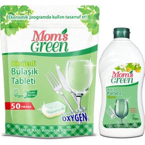 Mom's Green 2'li Set - 50'li Oksijenli Bulaşık Makinası Tableti ve Bitkisel Bulaşık Makinası Parlatıcı 500 ml