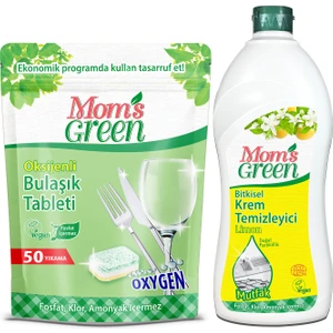 Mom's Green 2'li Set - 50'li Oksijenli Ekolojik Bulaşık Makinesi Tableti - 750 ml Bitkisel Krem Temizleyici Mutfak - Limon