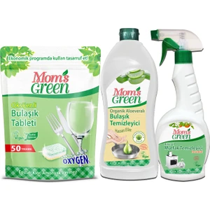 Mom's Green 3'lü Set - 50'li Oksijenli Ekolojik Bulaşık Tableti - 750 ml Aloeveralı Elde Bulaşık Temizleyici- 750 ml Mutfak Temizleyici Sprey