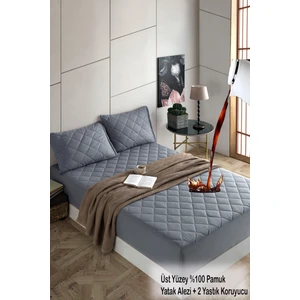 Formeya set Pamukkale Renkli Alez Gri %100 Pamuk Kapitone Sıvı Geçirmez Yatak Koruyucu ve Yastık Koruyucu Çarşaf Alez