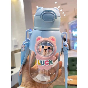 Sevimli Figürlü Çocuk Suluğu 660 ml Pipetli Boyun Askılı Su Matarası