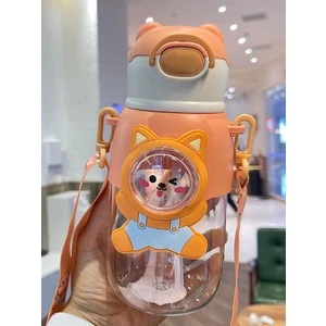 Sevimli Figürlü Çocuk Suluğu 660 ml Pipetli Boyun Askılı Su Matarası