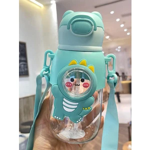 Sevimli Figürlü Çocuk Suluğu 660 ml Pipetli Boyun Askılı Su Matarası