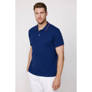 Erkek Polo Yaka Slim Fit Yaka ve Kol Şeritli Pike Lacivert Tişört