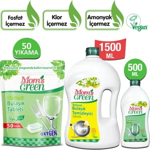 Mom's Green 3'lü Set - 50 Yıkama Bulaşık Makinesi Tableti- Limonlu Elde Bulaşık Temizleyicisi 1500 ml-Bulaşık Makinesi Parlatıcısı