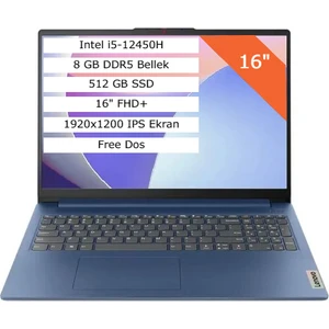 Ideapad Slim 3 Intel Core I5-12450H 8gb 512GB SSD 16" Wuxga (1920X1200) IPS Panel Freedos Taşınabilir Bilgisayar 83ES002FTR