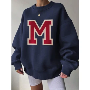Kadın M Harfli Baskılı Navy Mavi Sweatshirt