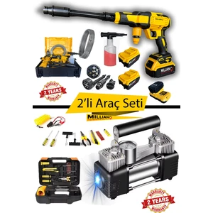 Basınçlı 10 Pilli Çift Akülü Şarjlı Oto Yıkama Makinesi + Çift Pistonlu 12 V Kompresör ve Tamir Seti