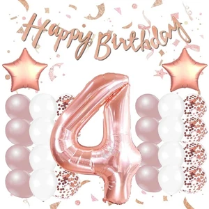 Balon Diyarı Rose Gold Konsept Yaş Doğum Günü Kutlama Seti; Beyaz Gold Konfetili Balon, Rakam Yıldız Folyo ve Banner
